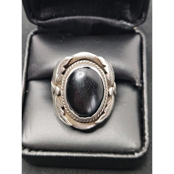 Native American Signed “RB” Sterling Silver & Onyx Navajo Ring 12.32g Adjustable - Picture 1 of 9
